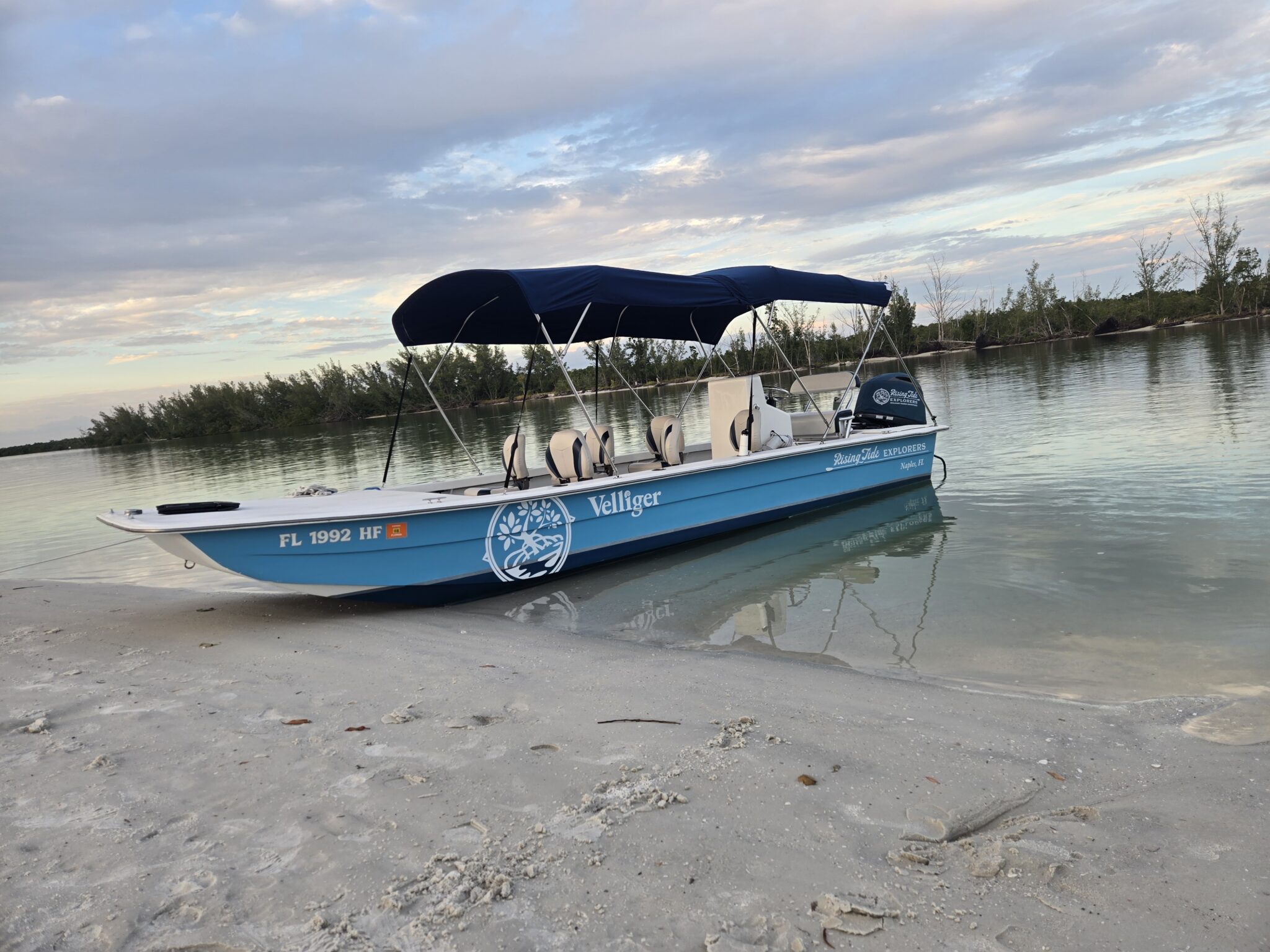 Velliger on Keewaydin Island beach for shelling and sunset tours